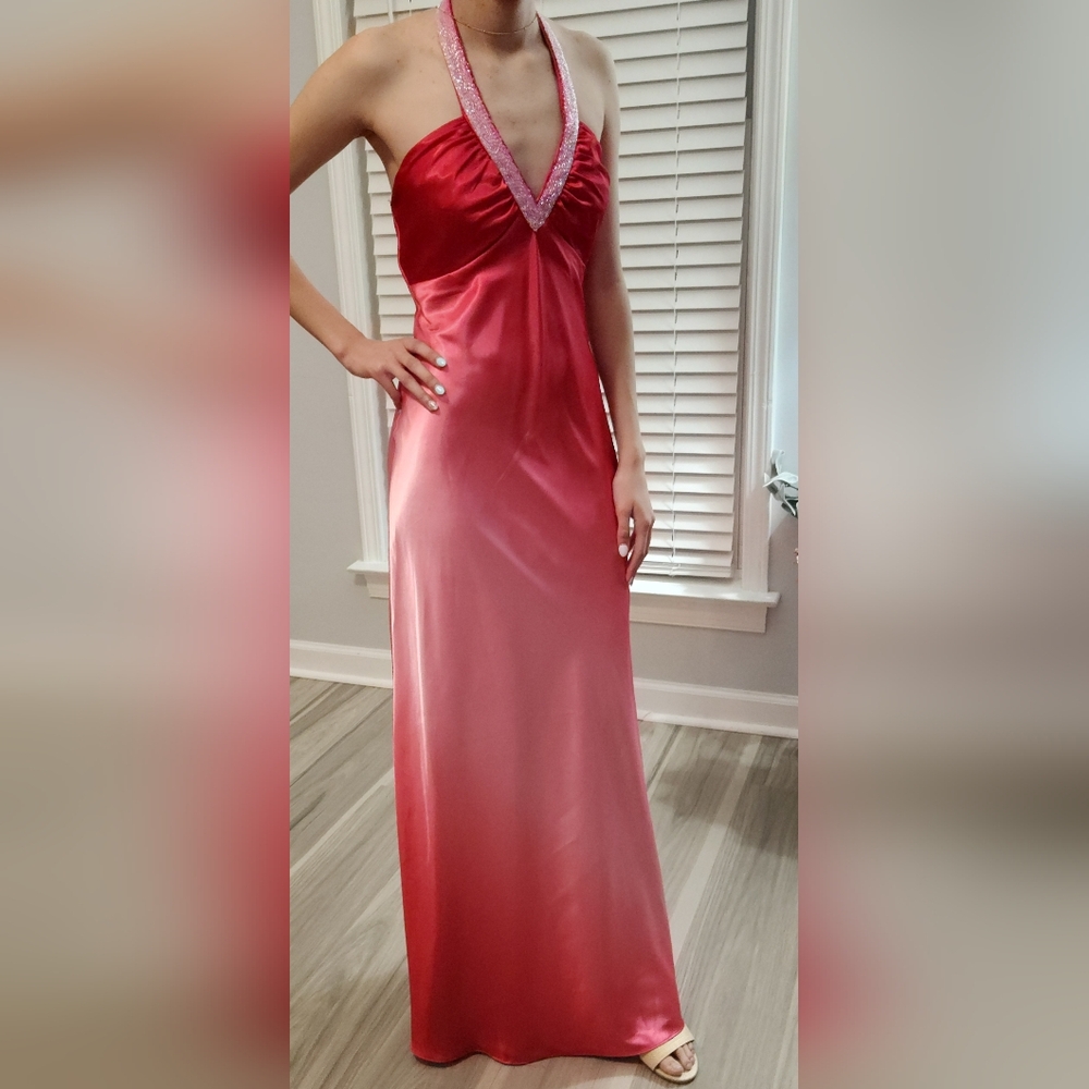 Elegant Halter Neck Dark Pink To Light Pink Dress